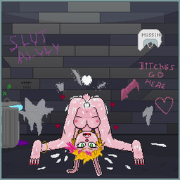 after_sex alley anthro bad_end blonde_hair blue_border bodily_fluids border breasts colored_nails cum cum_stain female fur genital_fluids genitals green_eyes hair legs_above_head lying nails on_back pink_body pink_fur sex solo spread_legs spreading trash_can upside_down vulva milkybun29 milky_rivas lagomorph leporid mammal rabbit 1:1