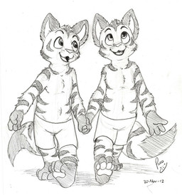anthro anthro_on_anthro clothed clothing duo fangs front_view glistening glistening_eyes hand_holding logo male male/male navel open_mouth open_smile pawpads smile striped_arms striped_legs teeth topless walking whiskers young young_anthro young_male pandapaco kory_cooper zeke_cooper canid canine felid fox hybrid mammal pantherine tiger 2012 artist_logo dated monochrome signature sketch