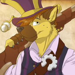 anthro black_clothing black_topwear brown_body brown_fur cheek_tuft clothed clothing facial_tuft front_view fur gun hair hat headgear headwear holding_gun holding_object holding_ranged_weapon holding_weapon looking_at_viewer male male_anthro mouth_closed neck_tuft orange_hair purple_clothing purple_hat purple_headwear purple_topwear ranged_weapon simple_background solo topwear tuft weapon yellow_body yellow_clothing yellow_eyes yellow_fur yellow_hat yellow_headwear solaxe_(artist) canid canine mammal 1:1 bust_portrait portrait