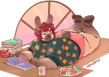 anthro biped blue_eyes bread clothed clothing comic_book container cookie croissant crossed_legs cup dessert doughnut food fur hair lying male muffin mug on_front on_ground overweight overweight_anthro overweight_male pastry red_hair short_tail solo tail tan_body tan_fur window mangolynx lagomorph leporid mammal rabbit 2025 hi_res signature