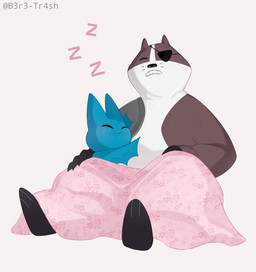 1_eye anthro bedding blanket cybernetic_arm cybernetic_limb cybernetics disability duo eye_patch eyewear female machine male overweight overweight_male prosthetic prosthetic_arm prosthetic_limb sleeping b3r3-n1c3 cartoon_network mao_mao:_heroes_of_pure_heart adorabat badgerclops badger bat cyborg mammal mustelid musteline hi_res