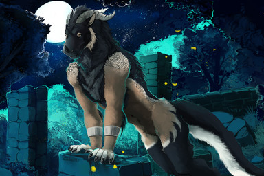 anthro arm_tuft black_body black_claws black_fur bracelet cheek_tuft claws detailed_background elbow_tuft facial_horn facial_tuft finger_claws full_moon fur horn jewelry leaning leaning_forward leaning_on_object looking_at_viewer male male_anthro moon multicolored_body multicolored_fur nature nature_background night nose_horn nude_anthro nude_male plant solo star tail tan_body tan_fur tree tuft white_body white_fur wristband i-psilone ember_(trey.embershade) felkin hi_res