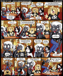 acoustic_guitar alternative_fashion anthro best_of_lame black_body black_fur black_hair blonde_hair booth_seating bottomwear clothing detailed_background dialogue electric_guitar eyewear feathers female fur goth group guitar hair hair_over_eye humor kerchief male musical_instrument pants plucked_string_instrument profanity rock_(genre) skull_symbol string_instrument sunglasses tan_body tan_fur text torn_bottomwear torn_clothing torn_pants vinyl_record white_body white_feathers white_fur white_hair wig_(xamoel) xamoel dafne_(xamoel) morgana_(xamoel) nolan_(xamoel) avian bird canid canine canis cockatoo domestic_cat domestic_dog felid feline felis herding_dog mammal mephitid old_english_sheepdog parrot pastoral_dog sheepdog skunk comic english_text