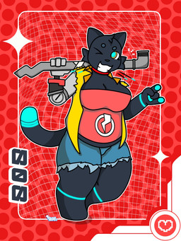 anthro belly female glowing looking_at_viewer machine markings prosthetic prosthetic_arm prosthetic_limb slightly_chubby slightly_chubby_anthro slightly_chubby_female smile solo standing tail tail_markings whiskers bugisinx_(artist) hi-fi_rush microsoft tango_gameworks 808_(hi-fi_rush) domestic_cat felid feline felis mammal robot 3:4 hi_res