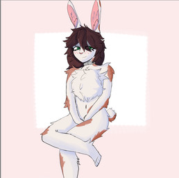 anthro brown_hair brown_tuft chest_tuft ears_up femboy freckles green_eyes hair looking_at_viewer male nude nude_anthro tail tuft white_body 22ndfrog lagomorph leporid mammal rabbit