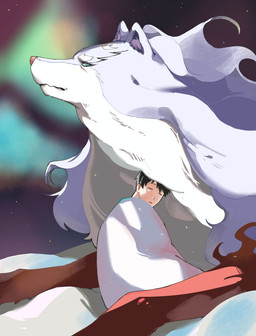 aurora_(phenomenon) black_hair blue_body duo eyes_closed feral fur gradient_background green_eyes hair inner_ear_fluff leaning leaning_forward leaning_on_another light_body light_skin looking_down male multicolored_body night outside pink_nose red_paws short_hair simple_background sleeping snow tuft white_body white_fur wrapped_in_blanket wrapped_up doodle_blue13 campfire_cooking_in_another_world_with_my_absurd_skill mythology fel_(campfire_cooking) mukoda_tsuyoshi canid canine canis human mammal mythological_canine mythological_creature wolf 2024 digital_media_(artwork) digital_painting_(artwork) painting_(artwork) shaded