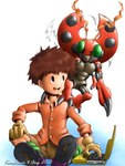 2002 3:4 antennae_(anatomy) arthropod bandai_namco beetle claws clothed clothing computer digimon digimon_(species) duo electronics hair human insect izzy_izumi karabiner laptop male mammal multi_limb red_body simple_background smile tentomon wings