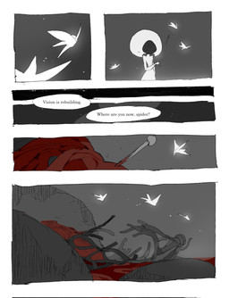 anthro biped black_body blood bodily_fluids dialogue eyes_closed female gore horn segmented_body solo speech_bubble sweat sweatdrop text justdog hollow_knight:_silksong hollow_knight_(franchise) team_cherry lace_(hollow_knight:_silksong) arthropod insect silk_fly 2026 comic english_text greyscale hi_res monochrome