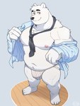 anthro belly black_nose bulge clothed clothing fur humanoid_hands jockstrap male moobs navel necktie nipples open_clothing open_shirt open_topwear overweight overweight_anthro overweight_male shirt solo topwear underwear white_body white_fur o-ro aggretsuko sanrio shirota_(aggretsuko) bear mammal polar_bear ursine 2021 hi_res