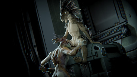 3_fingers 3_toes ankle_tuft anthro anthro_on_anthro arm_feathers arm_quills arm_tuft beak box brown_body brown_feathers butt container crate cunnilingus digitigrade duo feather_hair feather_tuft feathered_crest feathers feet female female_anthro fingers flat_chested genitals head_crest hip_tuft inside intraspecies kneeling_oral_position leg_tuft male male/female male_anthro nude one_leg_up oral pseudo_hair quill_hair raised_leg scales sex sitting spurs_(anatomy) tan_body tan_scales toes tongue tongue_out tuft vaginal vulva yellow_eyes tallion pickle_juice_(modeler) halo_(series) microsoft xbox_game_studios cor_zan t'loaki alien avian ibie'shan kig-yar scalie t'vaoan 16:9 3d_(artwork) colored digital_media_(artwork) hi_res widescreen