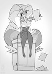 admiring_self anthro big_breasts breasts clothing female footwear high_heels holding_object holding_paper legwear paper photocopier photocopying_butt photocopying_self shoes sleeveless_shirt solo stockings conditional_dnp jollyjack chloe_sinclaire mammal mephitid skunk 2023 monochrome