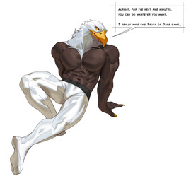 anthro black_body clothed clothing dialogue leggings leggings_only legwear legwear_only looking_at_viewer male multicolored_body muscular muscular_anthro muscular_male simple_background solo speech_bubble text topless topless_anthro topless_male two_tone_body white_background white_body white_clothing white_leggings white_legwear yellow_sclera cxcxxcxxxx accipitrid accipitriform avian bird eagle 2026 absurd_res english_text hi_res