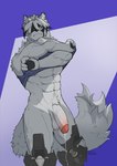 abs anthro balls biceps big_balls big_pecs big_penis big_tail biped blush bodily_fluids body_hair butt chest_hair chest_tuft claws cum embarrassed erection fluffy fluffy_chest fluffy_hair fluffy_tail fur genital_fluids genitals glans hair humanoid_genitalia humanoid_penis looking_at_viewer male male_anthro mostly_nude mostly_nude_anthro mostly_nude_male muscular muscular_anthro muscular_male muscular_thighs nipples pecs penis plantigrade presenting presenting_penis pubes red_eyes simple_background solo tail thick_thighs tuft vein veiny_penis white_body white_fur eliolovicos mihoyo zenless_zone_zero von_lycaon canid canine canis mammal thiren wolf absurd_res digital_media_(artwork) hi_res