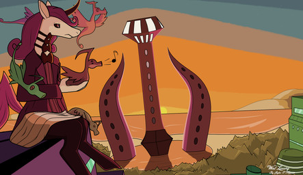 ambiguous_gender building city clothed clothing plant sunset tree jaylus_t_meowstic floraverse amdusias_(floraverse) aligorn bweehorse demon equid equine horse mammal hi_res