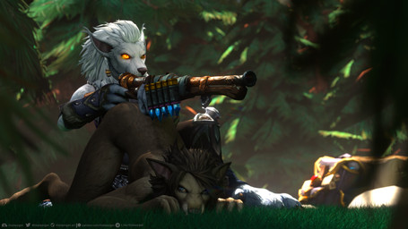 4_fingers ambiguous_gender anthro armwear ass_up backpack black_hair black_nose blue_eyes bullet clothing digitigrade duo ears_back fingers forest fur grass grey_body grey_fur gun hair nude orange_eyes outside pivoted_ears plant ranged_weapon rifle text tree weapon white_body white_fur white_hair thatworgen blizzard_entertainment warcraft destiney_crawford_(thatworgen) canid mammal werecanid werecreature worgen 2021 3d_(artwork) absurd_res autodesk_3ds_max_(artwork) digital_media_(artwork) hi_res url watermark gynomorph_(lore)
