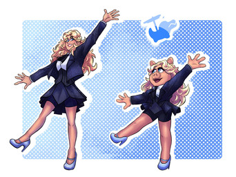 4_fingers 5_fingers anthro black_corset black_tie_(suit) blonde_hair blue_background blue_clothing blue_eyes blue_footwear blue_high_heels border clothing corset dancing dotted_background duo eye_contact female fingers footwear hair high_heels lingerie logo looking_at_another on_one_leg open_mouth pattern_background shoes simple_background sparkles sparkling_clothing standing suit thick_thighs topwear white_border gatorcopter muppets the_muppet_show miss_piggy sabrina_carpenter domestic_pig human mammal muppet suid suine sus_(pig) 2024 artist_logo digital_drawing_(artwork) digital_media_(artwork) hi_res