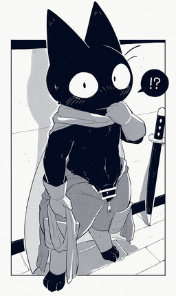 anthro black_body black_fur blush bottomwear cape caught caught_undressing clothed clothing embarrassed flaccid fur genitals katana male melee_weapon open_bottomwear open_clothing open_pants pants penis solo sword undressing weapon bigoyatsu cartoon_network mao_mao:_heroes_of_pure_heart sheriff_mao_mao_mao domestic_cat felid feline felis mammal hi_res
