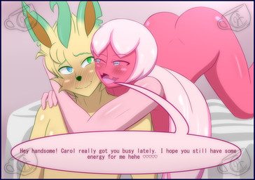 anthro bed bedroom blue_border border dialogue duo female female_anthro furniture hug male male_anthro nude shortstack text pok-zone nintendo pokemon fan_character eeveelution generation_4_pokemon generation_9_pokemon leafeon pokemon_(species) tinkaton english_text hi_res