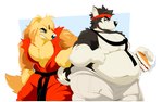 abs anthro beard belly big_belly blonde_hair cake clothed clothing dessert duo facial_hair food fur hair headgear keikogi male male/male martial_arts_uniform moobs muscular navel overweight overweight_anthro pecs simple_background smile sportswear tail thick_thighs topless topless_male wide_hips boot_(artist) capcom street_fighter ken_masters ryu_(street_fighter) canid canine canis domestic_dog mammal wolf digital_media_(artwork) hi_res