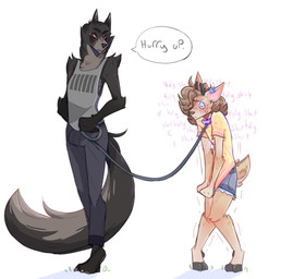 ambiguous_gender anthro blush blush_lines bulge clothed clothed_anthro clothed_male clothing collar dialogue duo freckled_face freckles hair heart_eyes heart_symbol hooves knock-kneed leash leashed_collar male omorashi profanity simple_background speech_bubble tail text white_background paddle-boat angel_(paddle-boat) deer felid mammal pantherine 2021 digital_drawing_(artwork) digital_media_(artwork) english_description english_text hi_res male_(lore)