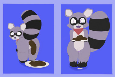 anthro anus balls bodily_fluids butt feces feces_on_plate feces_pile genital_fluids genitals kerchief kerchief_only male penis pooping precum presenting scatplay solo skattapookie indigo_park rambley_raccoon mammal procyonid raccoon hi_res