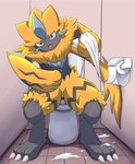 anthro bathroom feces_in_toilet holding_belly holding_stomach implied_scat looking_at_viewer public_restroom restroom_stall sitting solo toilet toilet_bowl toilet_paper toilet_use wiping kurio_123 nintendo pokemon generation_7_pokemon legendary_pokemon pokemon_(species) zeraora absurd_res hi_res