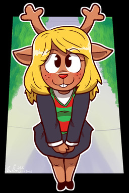 anthro blush buckteeth clothing female freckles grass looking_at_viewer plant sidewalk smile smiling_at_viewer solo teeth mister-saturn deltarune undertale_(series) noelle_holiday deer mammal new_world_deer reindeer digital_drawing_(artwork) digital_media_(artwork) signature