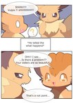 ambiguous_gender annoyed colored confusion dialogue duo eevee english_text feral generation_1_pokemon hi_res male narration nintendo okazu pokemon pokemon_(species) shaded shush simple_background speech_bubble text translated vulpix white_background