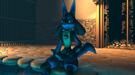 animal_genitalia animal_penis anthro balls bath bathhouse blue_body blue_fur blue_penis canine_genitalia canine_penis erection fur genitals knot male nude penis pseudo_clothing smile solo spa water nintendo pokemon canid canine generation_4_pokemon lucario mammal pokemon_(species) 16:9 3d_(artwork) digital_media_(artwork) hi_res source_filmmaker_(artwork) widescreen