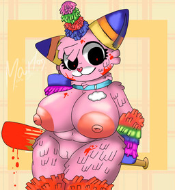 anthro areola big_breasts black_eyes blood blood_on_object blood_on_weapon bodily_fluids breasts collar eyelashes female front_view genitals holding_bat horn huge_breasts looking_at_viewer nipples nude pinata pink_areola pink_body pink_nipples pink_nose smile solo thick_thighs vulva weapon white_body wide_hips woflgame mythology scp_foundation scp-956 animate_inanimate equid equine living_pinata mammal mythological_creature mythological_equine unicorn hi_res