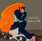 angry ass_up blush bodily_fluids cum cum_on_back dark_blue_skin dreadlocks duo feet foot_on_face genital_fluids hair hindpaw light_body light_skin long_hair male male/male multicolored_body multicolored_skin orange_hair orange_sclera paws pupils red_eyes red_hair red_pupils red_sclera sitting_on_another sitting_on_ass smug smug_face teasing teasing_look white_pupils urutaguja nintendo the_legend_of_zelda twilight_princess zant twili digital_drawing_(artwork) digital_media_(artwork) shaded signature