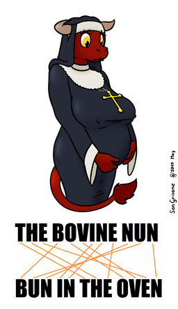 anagram anthro belly big_belly big_breasts breasts cross cross_necklace female humor jewelry necklace nun pregnant pregnant_anthro pregnant_female religion solo sen_grisane_(artist) bovid bovine cattle mammal hi_res