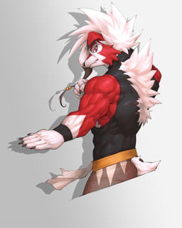 5_fingers ambiguous_gender anthro belt black_claws black_clothing black_topwear black_wristband bottomwear brown_bottomwear brown_clothing claws clothed clothed_ambiguous clothed_anthro clothing deltoids finger_claws fingers fully_clothed fully_clothed_ambiguous fully_clothed_anthro fur grey_background looking_at_viewer mouth_closed multicolored_body multicolored_fur muscular muscular_ambiguous muscular_anthro pupils red_body red_eyes red_fur side_view simple_background sleeveless_shirt slit_pupils snout solo tail tight_clothing tight_topwear topwear two_tone_body two_tone_fur white_body white_fur white_sclera wristband yellow_belt captainjohkid nintendo pokemon generation_7_pokemon lycanroc midnight_lycanroc pokemon_(species) 2024 4:5 absurd_res digital_drawing_(artwork) digital_media_(artwork) hi_res portrait three-quarter_portrait