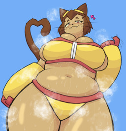 anthro big_breasts big_butt bodily_fluids breasts brown_tail butt female female_anthro huge_breasts huge_butt perspective slightly_chubby slightly_chubby_anthro slightly_chubby_female smile smiling_at_viewer solo sweat sweatdrop tail thick_thighs snacus gameoverse glitch_productions kit_bodega domestic_cat felid feline felis mammal 2026 hi_res