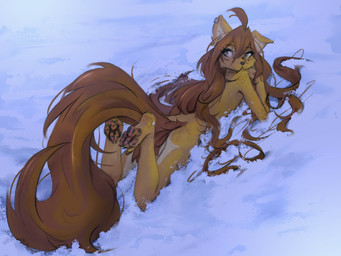 4_toes anthro biped brown_eyes brown_hair brown_tail butt claws ear_piercing feet female fur hair inner_ear_fluff long_hair long_tail looking_back lying lying_on_ground mottled mottled_pawpads nude nude_anthro nude_female on_front on_ground outside pawpads paws piercing plantigrade rear_view snow soles solo tail tan_body tan_fur toe_claws toes tuft winter tinygaypirate apogee_(tinygaypirate) canid canine canis domestic_dog mammal 2025 4:3 digital_drawing_(artwork) digital_media_(artwork) hi_res