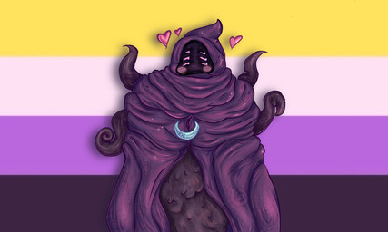 6_eyes ambiguous_gender blush charm_(jewelry) cloak cloak_only clothing flowing_cape glistening glistening_eyes heart_symbol hood hooded_cloak hooded_robe huggable jewelry lgbt_pride mage_robe multi_eye narrowed_eyes nonbinary_pride_colors pink_eyes pride_colors purple_body purple_clothing robe robe_only slightly_chubby slightly_chubby_ambiguous solo spiral_blush squint tentacles wrinkled_skin wrinkles nacurenyzernomex calamity_(terraria_mod) terraria signus_envoy_of_the_devourer eldritch_being humanoid shadow_creature 5:3 digital_drawing_(artwork) digital_media_(artwork) nonbinary_(lore)