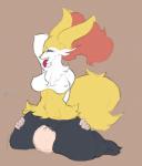 2018 absurd_res ahegao ambiguous_gender anthro bodily_fluids braixen breasts canid canine cunnilingus digital_media_(artwork) duo facesitting female female/ambiguous fur generation_6_pokemon genital_fluids genitals hi_res human human_on_anthro inner_ear_fluff interspecies looking_pleasured mammal nintendo nipples nude open_mouth oral pokemon pokemon_(species) pokephilia pussy red_eyes sex simple_background sitting_on_another smile smoxul sweat text tongue tongue_out tuft vaginal vaginal_fluids wide_hips