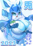 absurd_res anthro big_breasts blue_body blush breasts clothed clothing eeveelution female generation_4_pokemon glaceon hi_res huge_breasts looking_at_viewer mammal mokotomuku77 nintendo pokemon pokemon_(species) smile solo