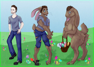 anthro base_one_layout basic_sequence beard bottomwear brown_body brown_fur clothing egg facial_hair footwear fur holidays human_to_anthro linear_sequence male nude one_row_layout outside pants shoes smile solo species_transformation standing three_frame_image three_frame_sequence torn_clothing transformation transformation_sequence zhekathewolf easter human lagomorph leporid mammal rabbit 2020 hi_res sequence