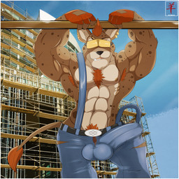 abs anthro armpit_hair athletic balls belt biceps big_muscles biped black_nose body_hair bottomwear brown_body brown_fur brown_hair bulge chest_tuft claws clothed clothing construction construction_worker denim detailed_bulge erection erection_under_clothing eyewear fangs flexing front_view fur genital_outline genitals gloves goggles grin hair handwear humanoid_genitalia humanoid_penis looking_at_viewer male markings muscular muscular_anthro muscular_male nipples open_mouth pants pecs penis penis_outline pose pubes smile solo spots standing tan_body tan_fur teeth tight_clothing tongue topless tuft vein aaron_(artist) anchor_(aaron) hyena mammal spotted_hyena 1:1 2014 digital_media_(artwork) hi_res