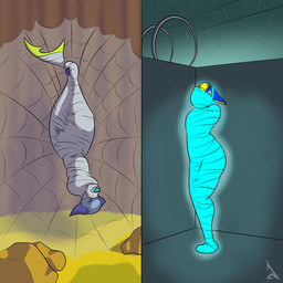 ambiguous_gender anthro arthropod_webbing bdsm biped blue_body bondage bound duo eyebrows fin gag glowing grass mummification muzzle_(object) muzzled night outside pink_nose plant rock sky spider_web standing star starry_sky tail tail_fin tape tape_bondage tape_gag two_panel_image upside_down web_bondage yellow_body raevild manokit 1:1 2025 hi_res
