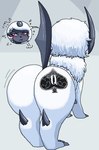 annoyed big_butt blush butt female fur horn quadruped queen_of_spades_symbol raceplay raceplay_tattoo rear_view red_eyes solo spikes white_body white_fur commonbleat nintendo pokemon alby_(commonbleat) absol generation_3_pokemon pokemon_(species) tagme