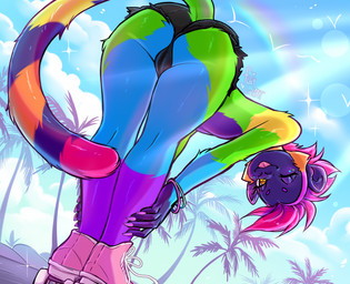 ambiguous_gender anthro armband bottomwear butt clothing footwear fur hair leaning leaning_forward long_tail looking_at_viewer looking_back multicolored_body multicolored_fur nature nature_background one_eye_closed pink_hair presenting presenting_hindquarters quad_skates rainbow rainbow_body rainbow_fur roller_skates short_hair shorts solo tail tongue tongue_out wink winking_at_viewer yellow_eyes fluffy.linart haplorhine mammal monkey primate hi_res watermark
