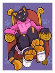 anthro border bottomwear chair clothing female footwear furniture looking_at_viewer pawpads paws sitting skirt socks solo tail teeth throne white_border pastelcore propy_(isopropyl7915) domestic_cat felid feline felis mammal hi_res