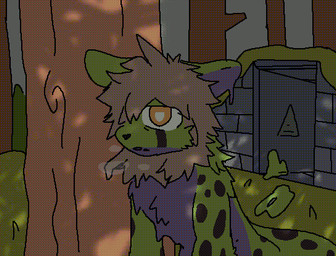 anthro brown_hair butt fur green_body hair kemono male markings orange_eyes purple_body purple_fur solo spots spotted_body spotted_fur young ikelos4444 changed_(video_game) felid goo_creature leopard mammal pantherine