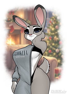 anthro blue_eyes bra breasts clothed clothing female fur grey_body grey_fur holidays multicolored_body multicolored_fur panties shirt solo text text_on_clothing text_on_shirt text_on_topwear topwear two_tone_body two_tone_fur underwear diskeit brooklyn_sweater christmas disney zootopia judy_hopps lagomorph leporid mammal rabbit 2025 digital_media_(artwork) english_text hi_res meme