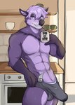abs anthro bulge clothed clothing coffee_mug detailed_bulge financial_domination genital_outline looking_at_viewer male money money_in_underwear morning_after penis_outline purple_body purple_eyes seductive shirtless shirtless_anthro solo underwear underwear_only papayaa mir_(mirdrains) deer mammal hi_res
