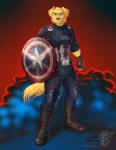 5_fingers anthro black_nose boots clothing fingerless_gloves fingers footwear fur gloves green_eyes handwear male shield shoes simple_background solo standing tail text yellow_body yellow_fur vallhound marvel captain_america chase_(retriever) bird_dog canid canine canis domestic_dog golden_retriever hunting_dog mammal retriever 2018 digital_media_(artwork) hi_res url watermark