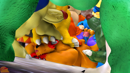 3_toes anthro balls big_penis blue_body bodily_fluids brown_glans brown_nipples claws cum erection facial_hair feet foot_fetish foot_on_back foot_on_face foot_on_head foot_play footjob genital_fluids genitals glans green_body group hair logo male male/male nipples nude on_ground orange_body pawpads paws pecs penis pink_glans precum purple_pawpads red_hair scales sex thick_thighs toes tongue tongue_out vein veiny_penis yellow_body moonwulf donkey_kong_(series) dragon_ball kirby_(series) mario_bros nintendo pokemon bowser giran king_dedede king_k._rool moonwulf_(character) wart_(mario) dragon_koopa generation_8_pokemon hybrid legendary_pokemon pokemon_(species) scalie zacian 16:9 2026 3d_(artwork) artist_logo digital_media_(artwork) hi_res source_filmmaker_(artwork) widescreen