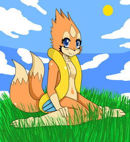 anthro anthrofied biped black_nose blue_eyes blush breasts female fur grass looking_at_viewer nude orange_body orange_fur outside plant pokemorph sitting sky smile solo sun tan_body tan_fur sssonic2 nintendo pokemon floatzel generation_4_pokemon mammal mustelid pokemon_(species) 2010 digital_media_(artwork)